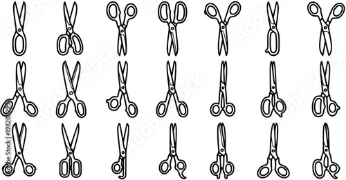 Black and White Line Art Scissors Set. Outline Hand-Drawn Scissor Icons Collection for Sewing, Crafting, Fashion, and Hairdressing Industries. Doodle Vector.