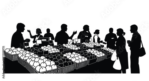 A bustling farmers market scene depicted in black and white silhouettes