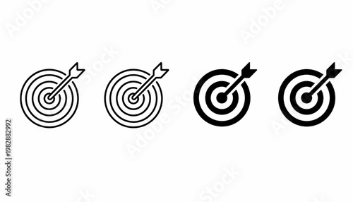 Set of four dartboard icons in outline and solid black, representing targets and aim, perfect for design and strategy concepts