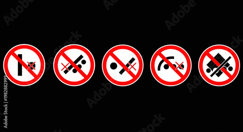 Set of diverse vector prohibition signs indicating forbidden actions, restricted behaviors, and essential safety compliance regulations for various environments