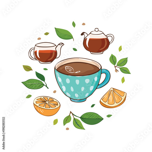 Decorative composition of teacups and a teapot with orange slices and leaves