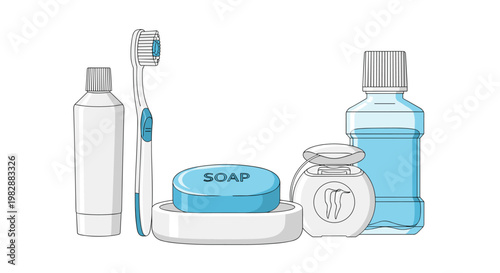 A comprehensive set of daily dental hygiene products including toothpaste and mouthwash is arranged neatly against a clean white background with blue accents.