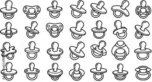 Black and White Line Art Icons of Various Baby Pacifiers, Soothers, and Nipples