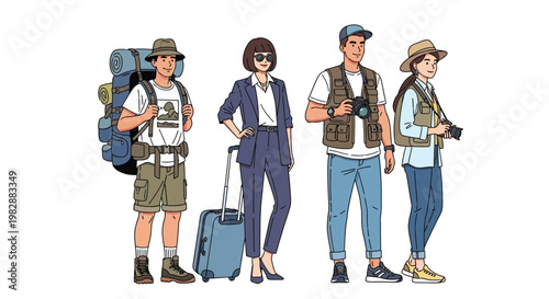 Diverse group of travelers with various luggage and outdoor gear