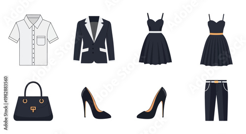 Collection of fashionable clothing items and accessories in a minimalist style