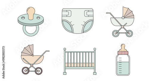 Baby essentials pacifier diaper stroller crib and bottle illustrations