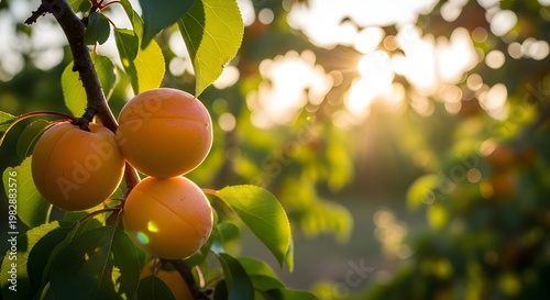 Golden persimmons hanging from branch in sunlight