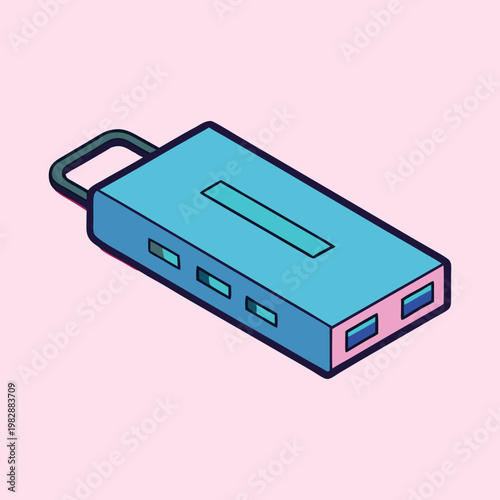 Isometric cartoon style render of a blue and pink USB hub