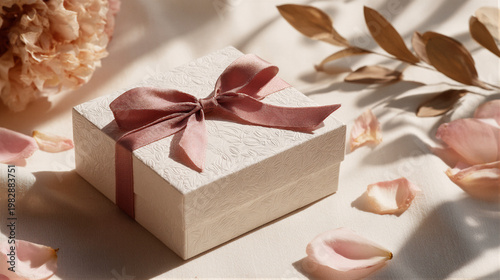 Elegant Mother's Day gift box with matte texture and velvet ribbon bow, pink carnation. Soft morning light with bokeh. Morandi red and cream white. Negative space for text. For banner or media.