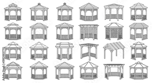 Collection of various gazebo and pergola designs in a line art style