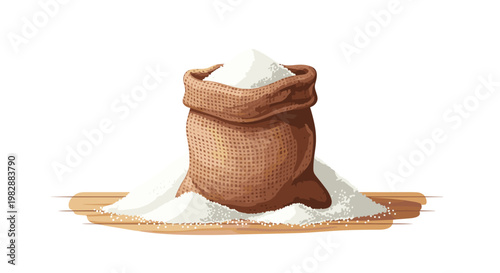 A sturdy burlap sack filled to the brim with white crystalline powder stands upright on a rustic wooden platform against a clean white background.