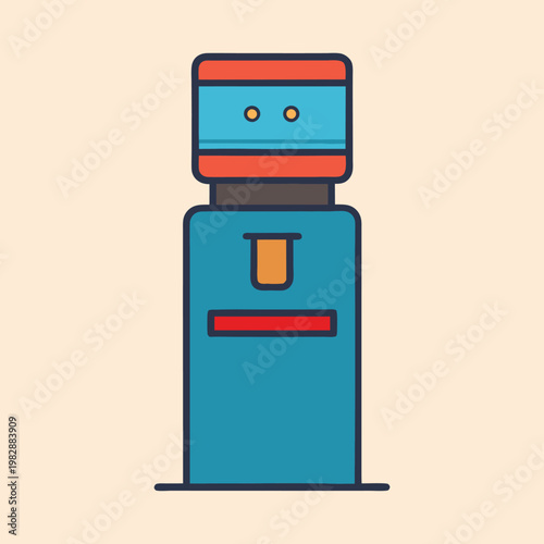 Stylized water cooler dispenser in blue and orange hues with black outlines