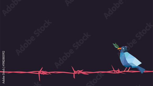 Polygon blue peace dove carrying olive branch on pink barbed wire with dark purple background have blank space.