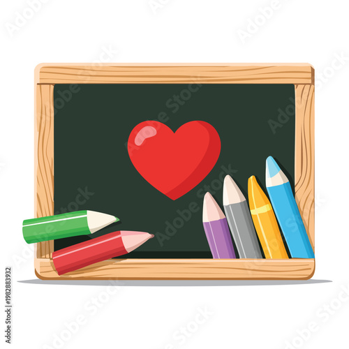 Colorful pencils and chalk on a wooden chalkboard isolated on white