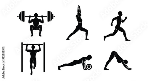 Silhouettes depicting various fitness exercises and athletic human forms