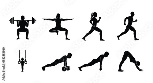 Silhouettes of athletes performing various fitness and strength training exercises