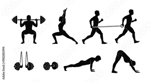 Diverse silhouettes depict various fitness exercises and athletic training routines