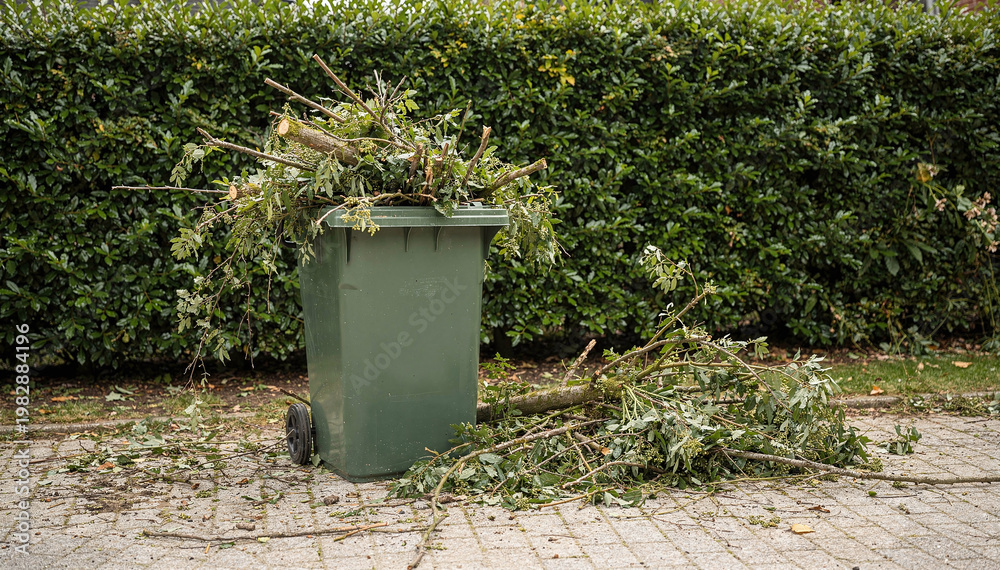 Obraz premium Green Waste Bin Overflowing with Pruned Branches and Leaves in a Garden