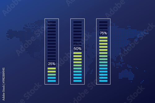 25 50 75 percent charts. Vector gradient symbols. Percentage infographics. Illustrations for business, finance, progress, download. Blue gradient world map background