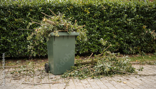 Green Waste Bin Overflowing with Pruned Branches and Leaves in a Garden