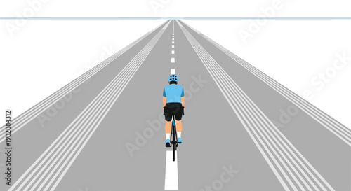 A lone cyclist wearing a bright blue jersey pedals along a vast gray asphalt highway stretching toward a distant horizon under pristine white skies.