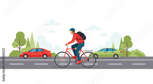 A determined male commuter rides a vibrant red bicycle through a suburban landscape featuring colorful cars and lush green trees under soft daylight.