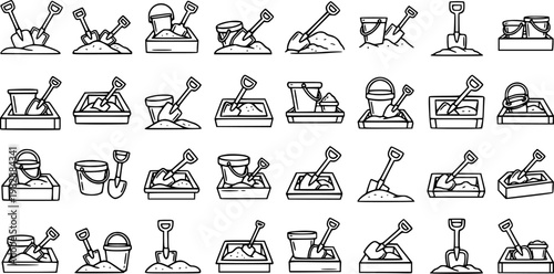 Childhood Play Line Art Icons: Sand Shovels, Buckets, and Sandboxes for Kids' Summer  Beach Activities