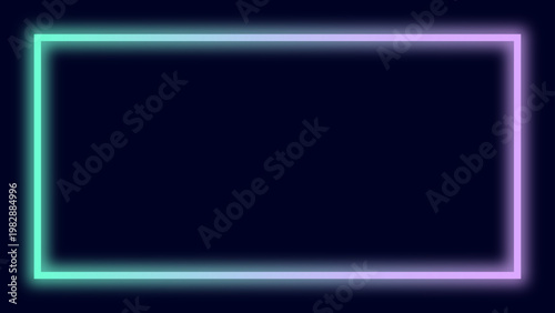 黒背景に淡い水色と紫のネオン長方形フレームが光る上品でスタイリッシュなデジタル背景 配信や広告向け 横長 16対9