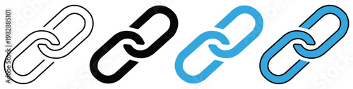 Set of four link icons in different styles, including outline, solid black, solid blue, and blue with black outline representing connection web link or chain link symbol
