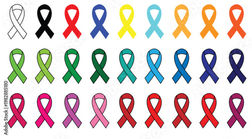 Set of colorful awareness ribbons cancer mental health breast HIV/AIDS Domestic lungs and many other diseases awareness