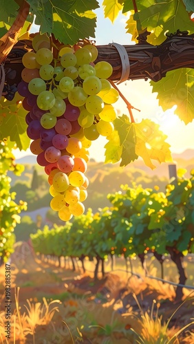 A serene vineyard at sunset with lush greenery and ripe grapes