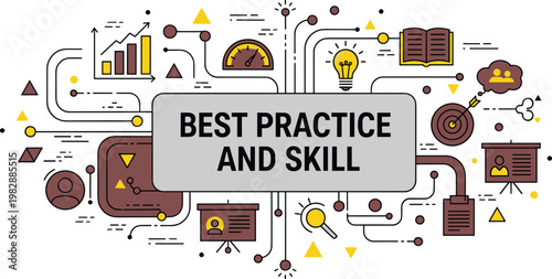 Stylized decorative best practice skill infographic illustration featuring learning improvement, bar graph, light bulb ideas, target arrow, professional development artwork design.