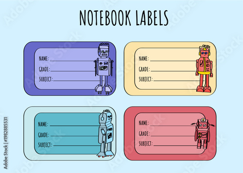 Notebook Labels with Robot Illustrations