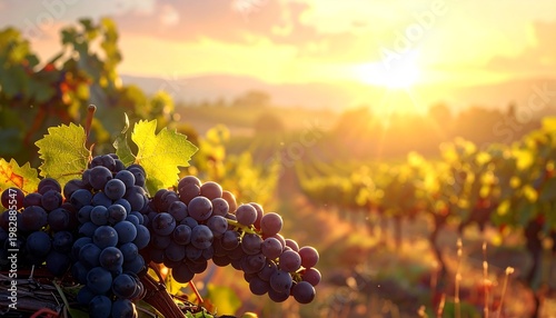 A serene vineyard at sunset with lush greenery and ripe purple grapes