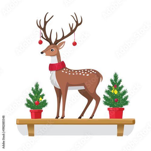 Festive reindeer with ornaments and christmas trees on wooden shelf