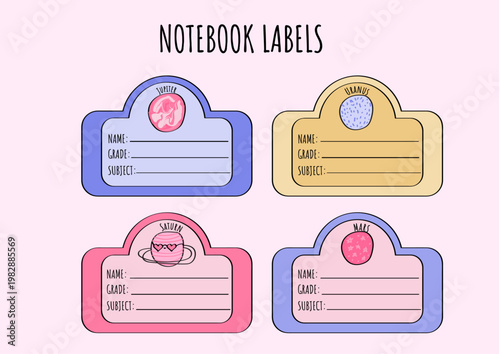 Cute Hand Drawn Notebook Labels with planets