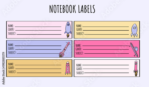 Space-Themed Notebook Labels with Cartoon Rockets
