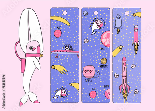 Cute narwhal Space Bookmarks Set