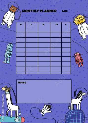 Space Themed Monthly Planner Template with Cute Cartoon Astronaut Animals