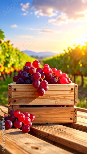 A serene vineyard scene with a wooden crate overflowing with vibrant grapes