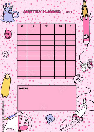 Pink Space Themed Monthly Planner Template with Cartoon Astronaut Animals