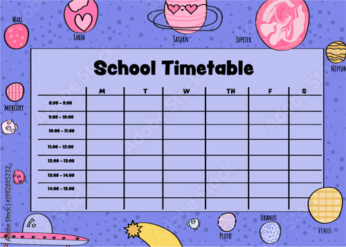 Space-themed School Timetable Template with Planets and Stars