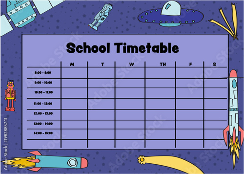 School Timetable Template with Cartoon Space Design