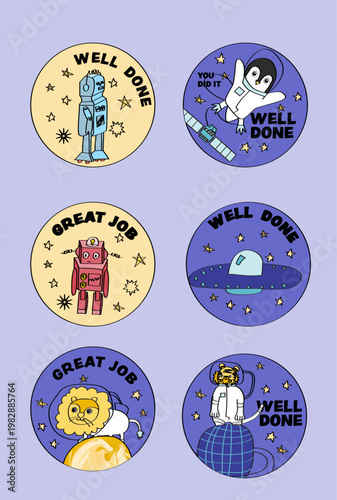 Set of Motivational Reward Stickers with Cartoon Characters