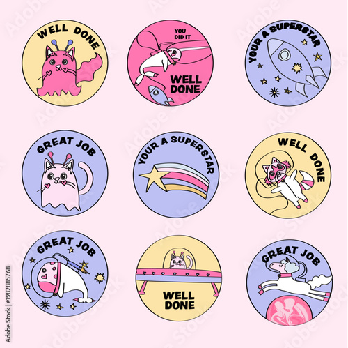 Set of Cute Hand-Drawn Motivational Reward Stickers