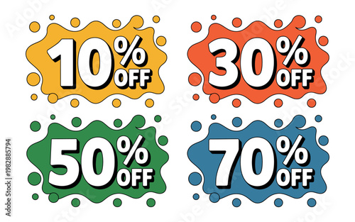 A colorful illustration of discount labels with various percentage off offers