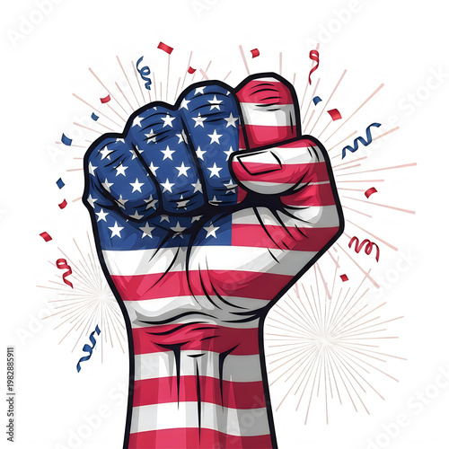 American flag fist with confetti and fireworks on transparent background