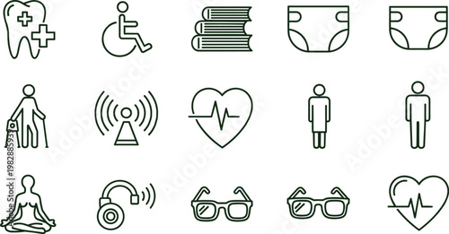 Stylized decorative health wellness accessibility silhouette illustration featuring dental care, wheelchair, books, diaper, cane, heart, meditation, hearing aid artwork design.