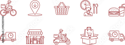 Stylized decorative food delivery logistics silhouette illustration featuring bicycle scooter courier, restaurant storefront, shopping basket, fast truck service, creative e‑commerce artwork design.
