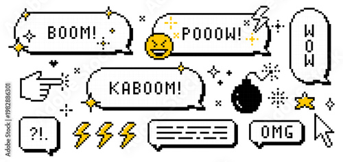 Pixel gaming speech bubbles with Boom, Pow, Omg, Kaboom, Wow text on white bg. Retro 8 bit game vector elements, bomb icon, stars, lightning, pointing finger icon for arcade nostalgic digital design